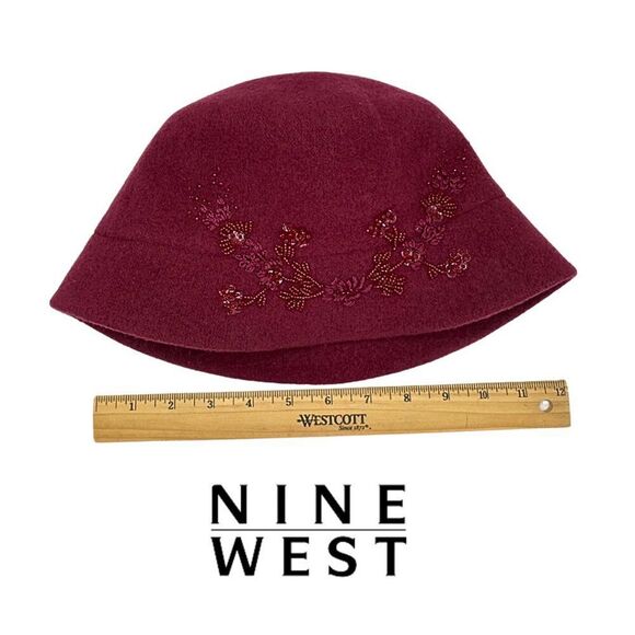 Nine West Wool Blend Cloche Hat – Burgundy with Floral Sequin Detail - Picture 5 of 6